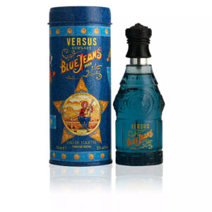 Versace Blue Jeans EDT Cologne for Men 75ml iconic blue glass soda-style bottle in a vintage tin can for a classic fresh aromatic men's fragrance