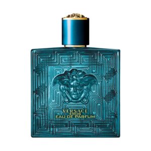 Versace Eros Eau de Parfum 200ml striking deep blue geometric glass bottle with gold Medusa crest for a premium oriental woody men's fragrance