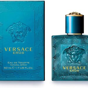 Versace Eros Eau de Toilette 200ml luminous turquoise glass bottle with gold Medusa crest for a premium fresh oriental men's fragrance