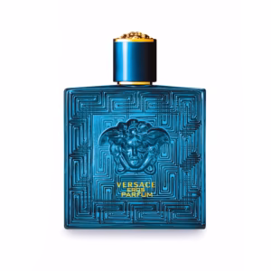 Versace Eros Parfum 100ml dark blue geometric glass bottle with gold Medusa crest for a premium amber fougere men's fragrance