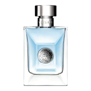Versace Pour Homme EDT 100ml clear glass bottle with light blue liquid and silver Medusa crest for a premium fresh aromatic men's fragrance