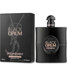 YSL Black Opium Le Parfum 90ml glossy black glitter bottle featuring a black glass heart for a premium warm sweet vanilla coffee women's fragrance