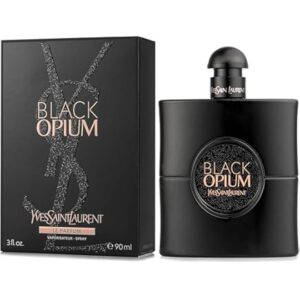 YSL Black Opium Le Parfum 90ml glossy black glitter bottle featuring a black glass heart for a premium warm sweet vanilla coffee women's fragrance