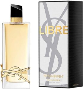 YSL Libre Eau de Parfum 90ml architectural glass bottle featuring a gold Cassandre logo and pale golden liquid for a premium floral lavender women's fragrance