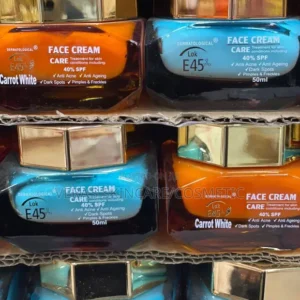 Lok E45 face cream jars in classic blue and Carrot White orange for dark spots