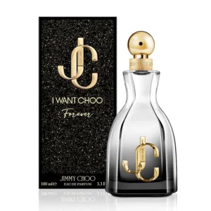 Jimmy Choo I Want Choo Forever EDP 100ml elegant ombré black glass bottle with a gold JC monogram cap for a premium sweet cherry gourmand women's fragrance
