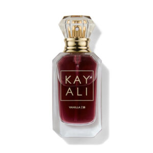 Kayali Vanilla 28 EDP 100ml elegant clear glass bottle featuring a rich dark amber liquid with a diamond-shaped cap for a premium sweet vanilla unisex fragrance