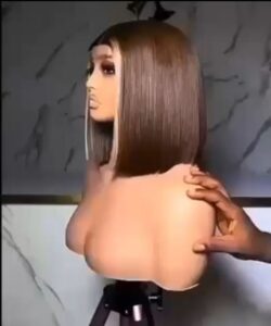 10-inch Super Double Drawn chestnut brown Vietnamese bone straight human hair bob wig featuring a stark platinum blonde front birthmark highlight.