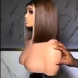 10-inch Super Double Drawn chestnut brown Vietnamese bone straight human hair bob wig featuring a stark platinum blonde front birthmark highlight.