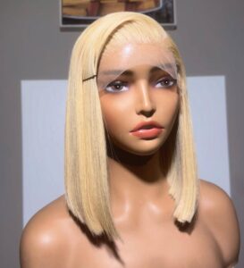 10-inch Full Blonde Super Double Drawn Vietnam Bone Straight hair wig with a 5x5 lace closure on a mannequin.