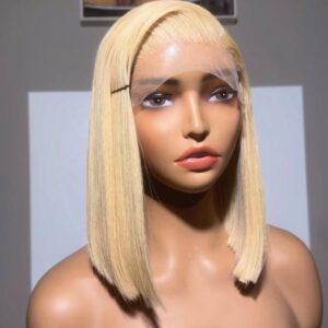 10-inch Full Blonde Super Double Drawn Vietnam Bone Straight hair wig with a 5x5 lace closure on a mannequin.
