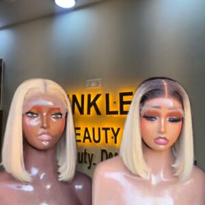 10-inch Super Double Drawn blonde Vietnamese bone straight human hair bob wig shown in both a pure blonde and dark-rooted ombre style with a 5x5 Swiss lace closure.