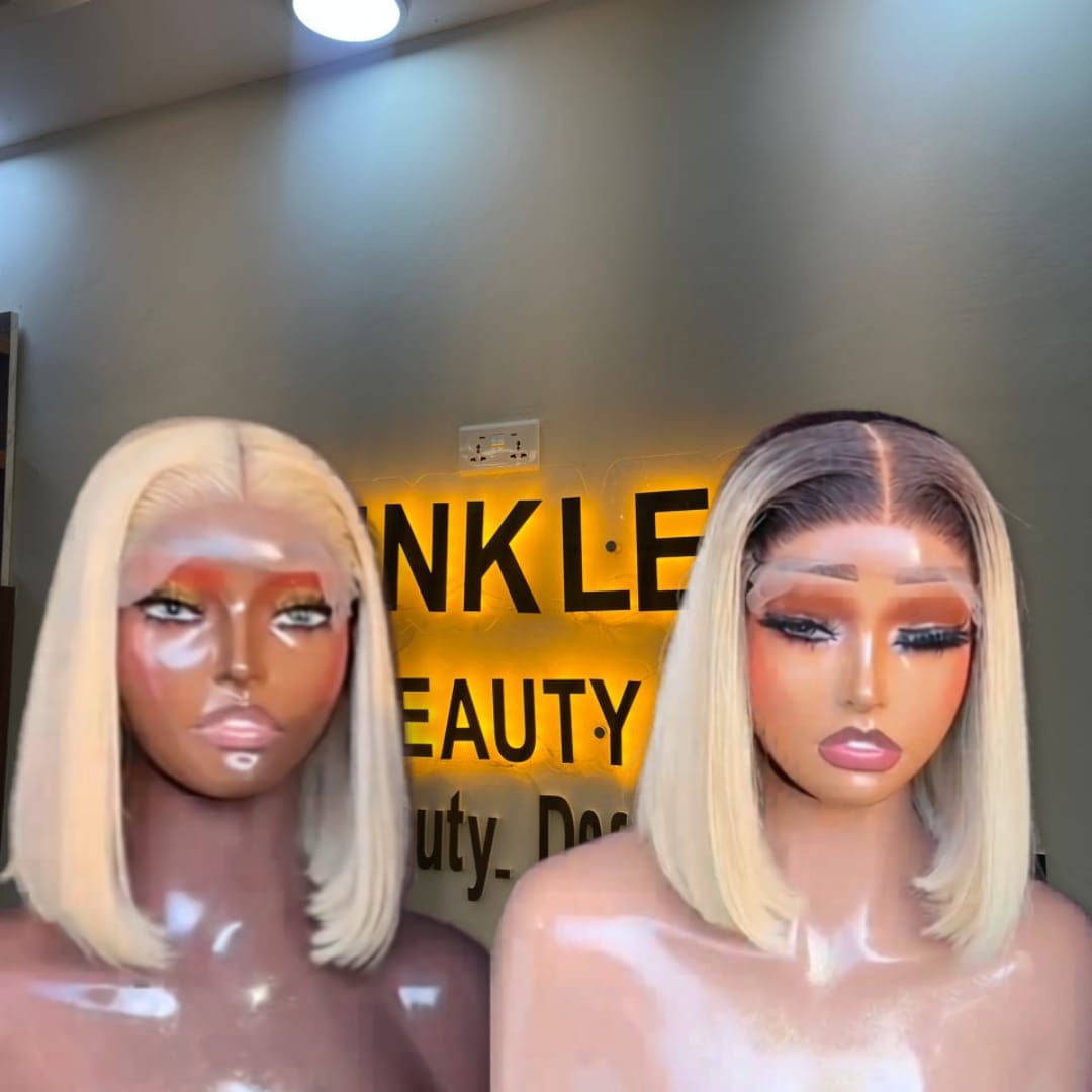 10-inch Super Double Drawn blonde Vietnamese bone straight human hair bob wig shown in both a pure blonde and dark-rooted ombre style with a 5x5 Swiss lace closure.