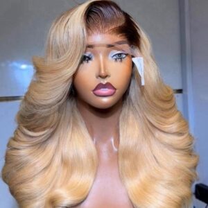 22-inch Super Double Drawn Dark Root Blonde Vietnam Bounce Virgin hair wig with a 5x5 Swiss lace closure and voluminous layered curls.