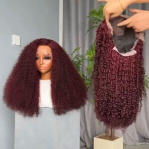 Burgundy Chinese Pixie Curls 13×4 Frontal Wig 1 20-inch Super Double Drawn Burgundy Chinese Pixie Curls human hair wig with a 13x4 Swiss lace frontal.