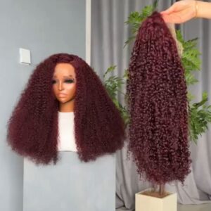 20-inch Super Double Drawn Burgundy Chinese Pixie Curls human hair wig with a 13x4 Swiss lace frontal.