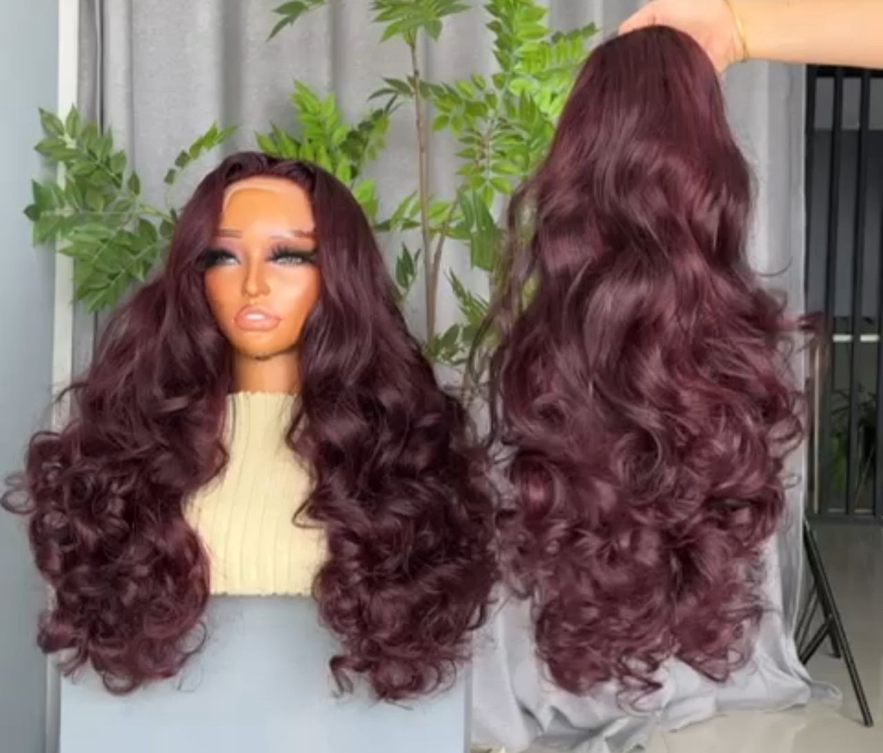22” Burgundy Chinese Wavy 13x4 Swiss Lace Frontal Super Double Drawn 300g Layered Wig - Image 2