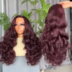22-inch Super Double Drawn Burgundy Chinese Wavy human hair wig with a 13x4 Swiss lace frontal and voluminous layered curls.