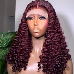 18-inch Burgundy Pixie Curls human hair wig with a 5x5 Swiss lace closure on a mannequin.