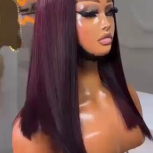 16-inch Super Double Drawn deep burgundy Vietnamese bone straight human hair long bob wig with a flat-laying 2x6 Swiss lace closure.