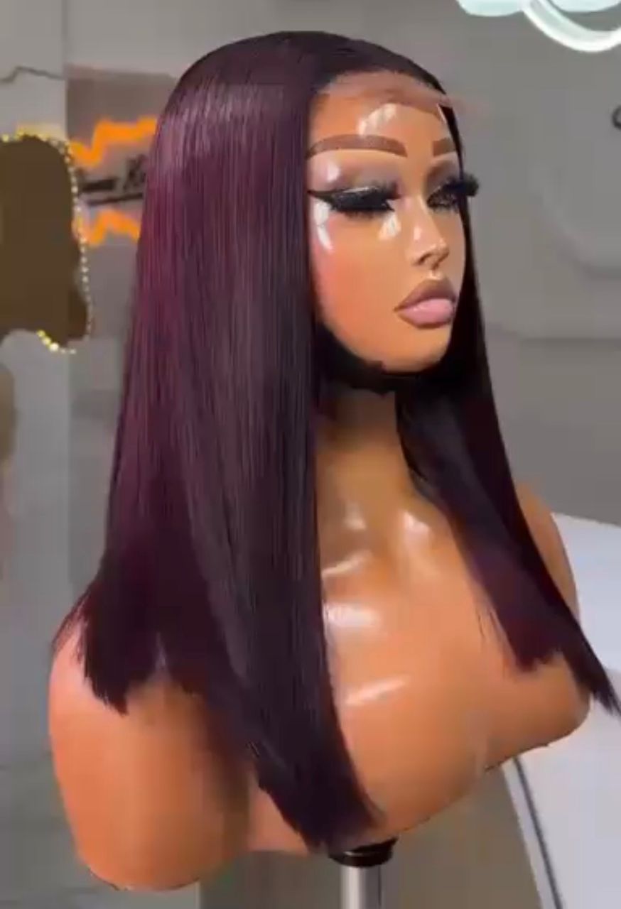16-inch Super Double Drawn deep burgundy Vietnamese bone straight human hair long bob wig with a flat-laying 2x6 Swiss lace closure.