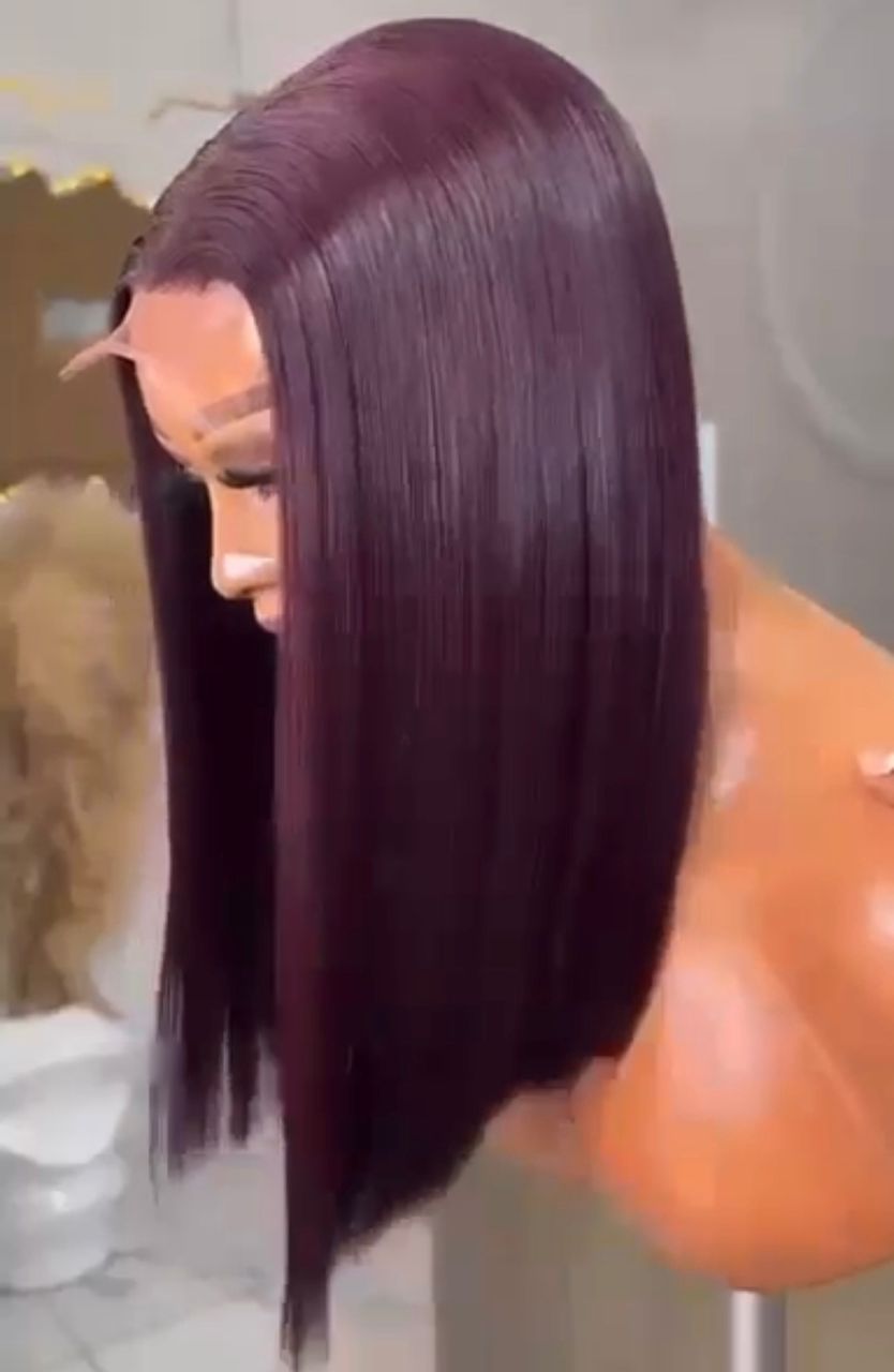 16” Deep Burgundy Vietnamese Bone Straight 2x6 Swiss Lace Deep Part Super Double Drawn 200g Long Bob Wig - Image 5