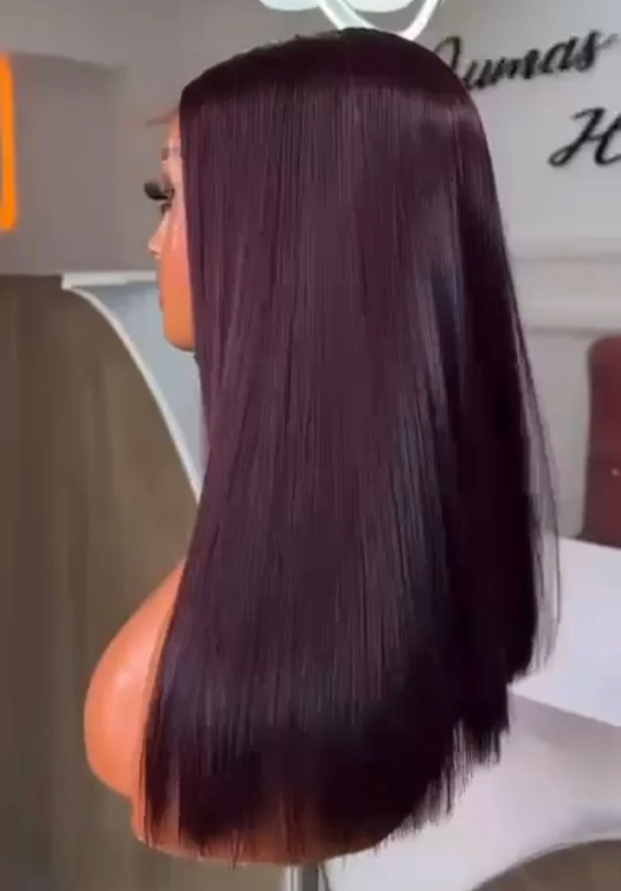 16” Deep Burgundy Vietnamese Bone Straight 2x6 Swiss Lace Deep Part Super Double Drawn 200g Long Bob Wig - Image 3