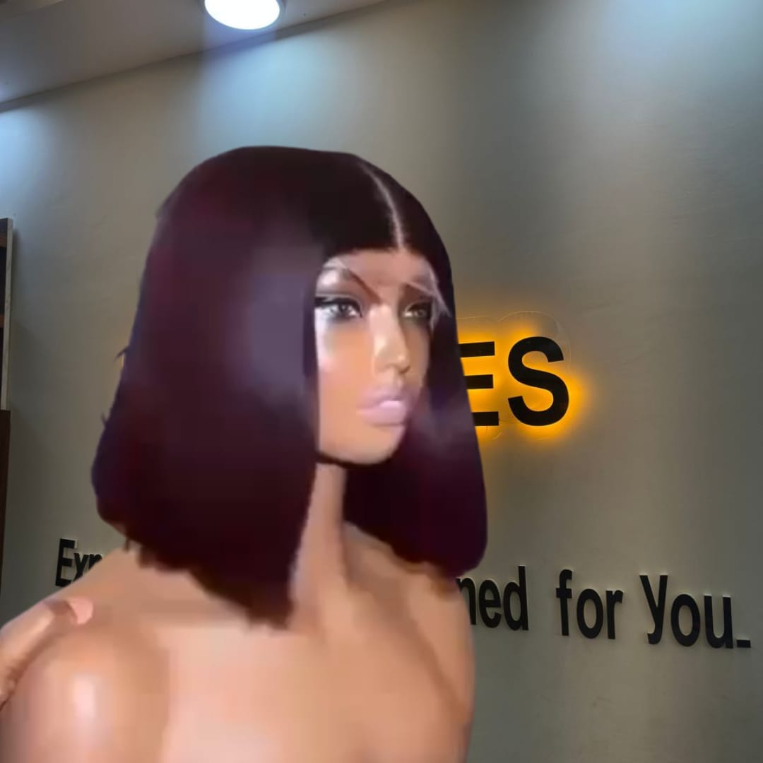 10-inch Super Double Drawn Deep Burgundy Vietnamese Bone Straight human hair bob wig with a 2x6 Swiss lace closure.