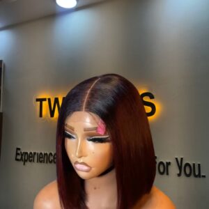 10-inch Super Double Drawn Burgundy Vietnamese Bone Straight human hair bob wig with a dark root and a 2x6 Swiss lace closure.