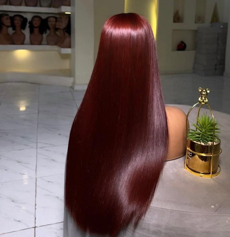 22” Deep Burgundy Vietnamese Bone Straight 2x6 Swiss Lace Deep Part Super Double Drawn 200g Wig - Image 3