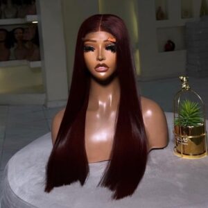 22-inch Super Double Drawn burgundy Vietnamese bone straight human hair wig showing an ultra-flat 2x6 Swiss lace closure parting from the front and back.