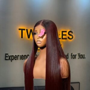 24-inch Super Double Drawn Burgundy Vietnamese Bone Straight human hair wig with a dark root and a 2x6 Swiss lace closure.