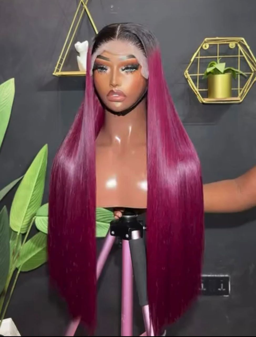 24” Dark-Rooted Burgundy Vietnamese Bone Straight 5x5 Swiss Lace Super Double Drawn 300g Wig - Image 2