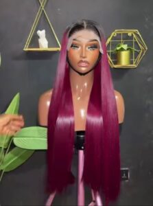 24-inch Super Double Drawn dark-rooted burgundy Vietnamese bone straight human hair wig showing the flat 5x5 Swiss lace closure parting from the front and side.