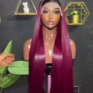 24-inch Super Double Drawn dark-rooted burgundy Vietnamese bone straight human hair wig showing the flat 5x5 Swiss lace closure parting from the front and side.