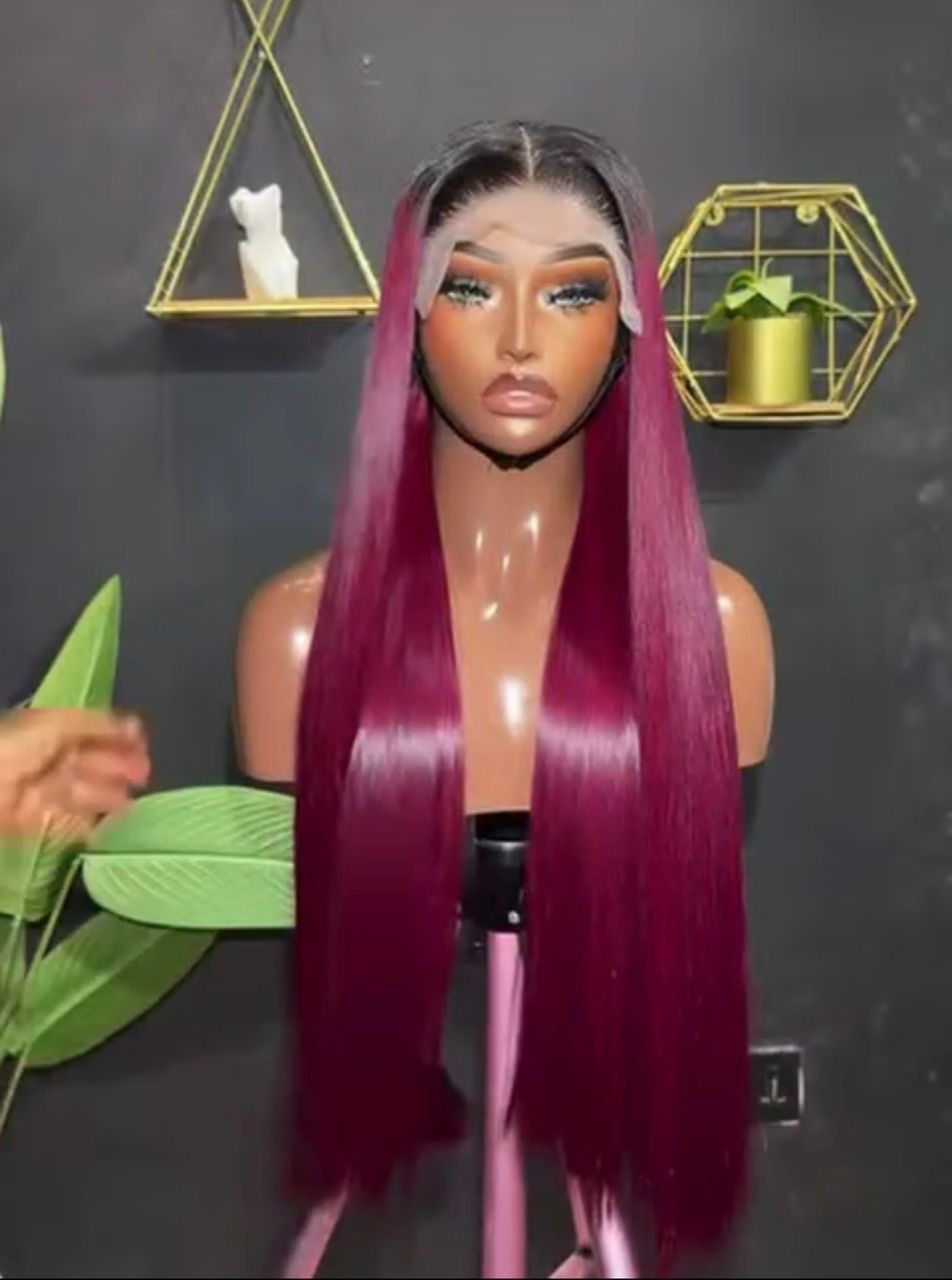 24-inch Super Double Drawn dark-rooted burgundy Vietnamese bone straight human hair wig showing the flat 5x5 Swiss lace closure parting from the front and side.