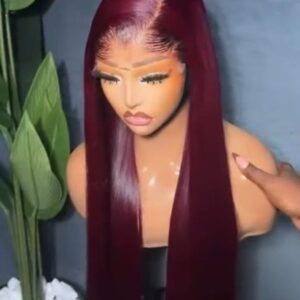 28-inch Super Double Drawn Burgundy Vietnamese Bone Straight human hair wig with a 5x5 Swiss lace closure.