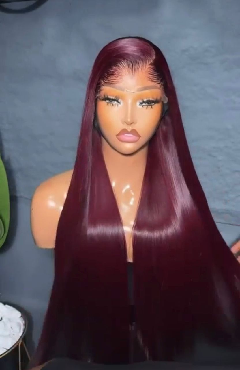 28” Deep Burgundy Vietnamese Bone Straight 5x5 Swiss Lace Super Double Drawn 300g Wig - Image 3