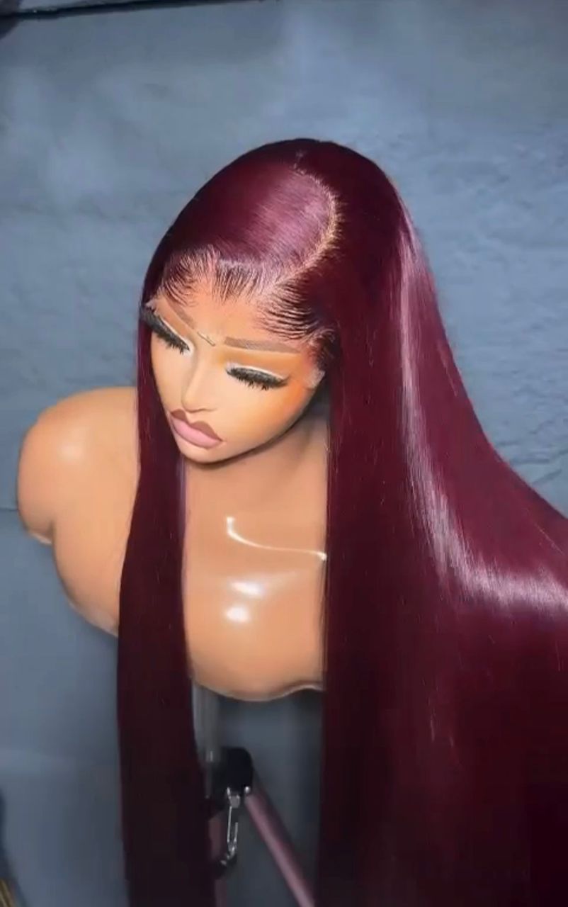 28” Deep Burgundy Vietnamese Bone Straight 5x5 Swiss Lace Super Double Drawn 300g Wig - Image 4