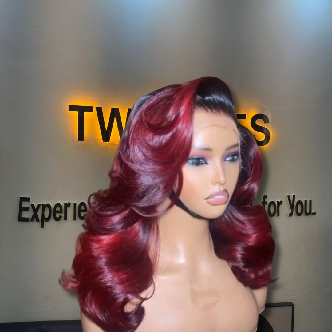 14” Sculpted Dark-Rooted Burgundy Vietnamese Wavy Luxe 5x5 Swiss Lace Super Double Drawn 300g Layered Wig - Image 3