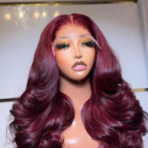 22-inch layered Burgundy 99J Vietnam Bounce human hair wig with 5x5 lace closure on a mannequin head.