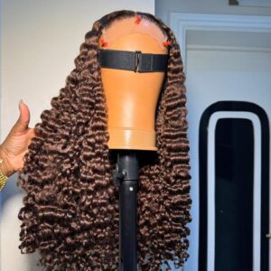 18-inch Chocolate Brown Burmese Curly human hair wig with a 5x5 Swiss lace closure and deep, defined spirals.