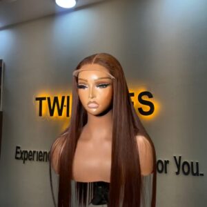 22-inch Super Double Drawn Chestnut Brown Vietnamese Bone Straight human hair wig with a 5x5 Swiss lace closure.