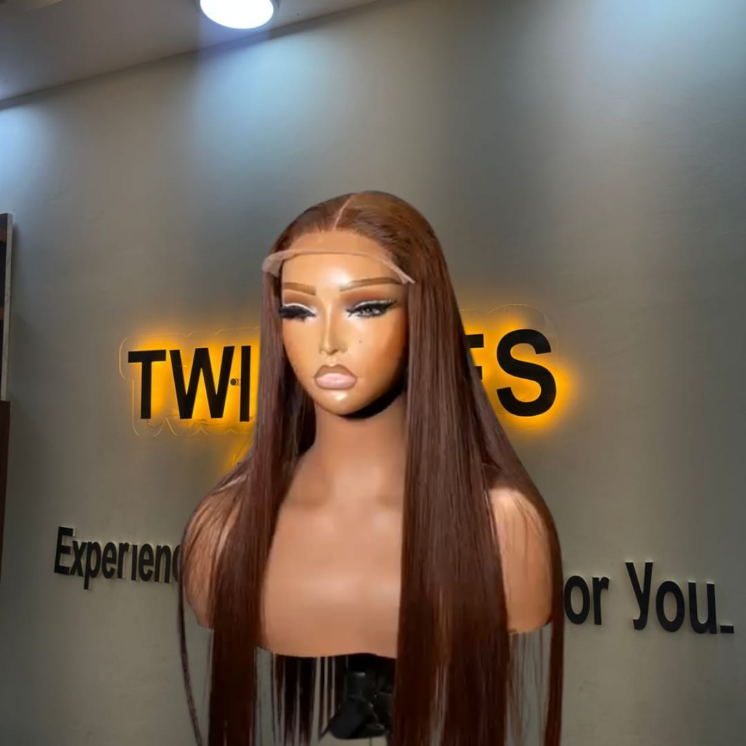 22-inch Super Double Drawn Chestnut Brown Vietnamese Bone Straight human hair wig with a 5x5 Swiss lace closure.