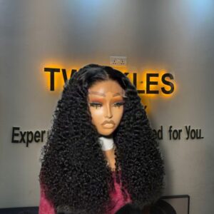 20-inch factory customized natural black pixie curly human hair wig featuring highly defined, springy corkscrew ringlets styled cleanly with a Swiss lace parting.