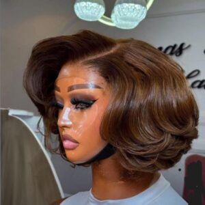 10-inch Chocolate Brown Chinese Bounce human hair wig with a 5x5 Swiss lace closure and high-volume flipped-out waves.