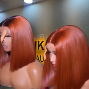 10-inch Super Double Drawn Dark Orange Vietnamese Bone Straight human hair bob wig with an ultra-flat 2x6 Swiss lace closure.