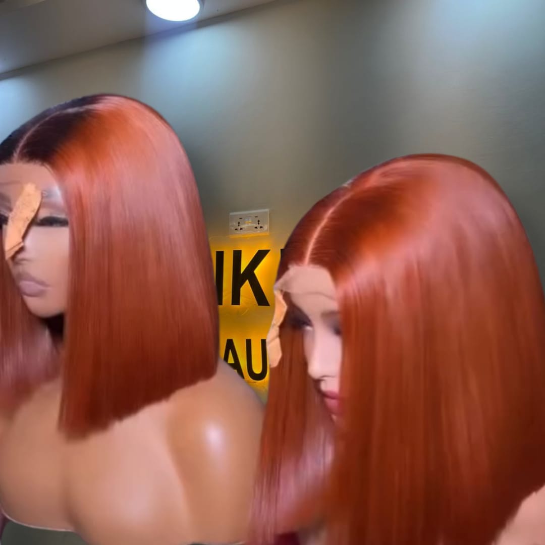 10-inch Super Double Drawn Dark Orange Vietnamese Bone Straight human hair bob wig with an ultra-flat 2x6 Swiss lace closure.
