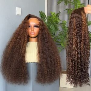 22-inch Super Double Drawn Dark Piano Sassy Curls human hair wig with an HD lace closure and voluminous brown highlights.