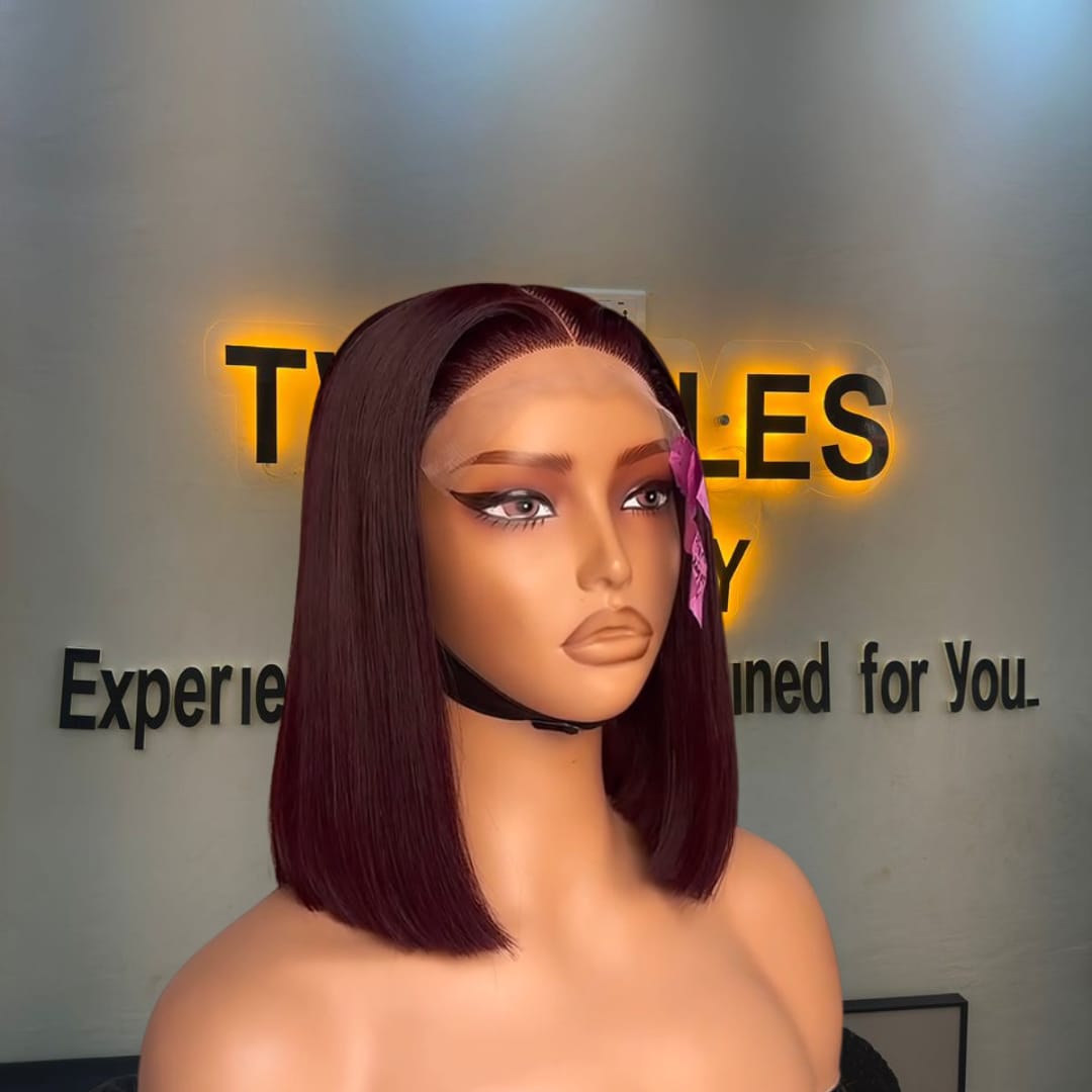 10-inch Super Double Drawn deep burgundy wine Vietnamese bone straight human hair closure bob wig with a flat center parting on a mannequin.
